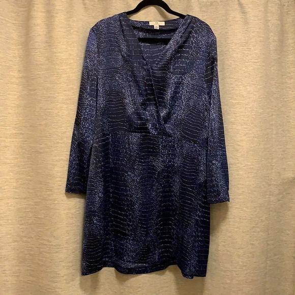 HALSTON Dark Blue Snake Skin Pattern Longsleeve Dress- Silk - Picture 3 of 4
